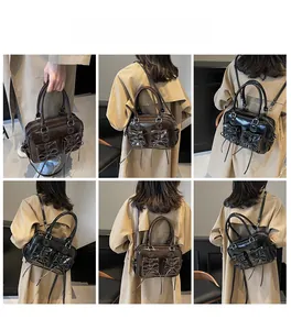 Collage of chic patent leather crossbody bags showing various wearing styles for women