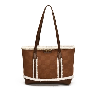 Winter brown tote bag with white plush trim and embossed floral pattern detail