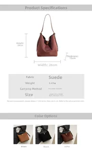 Spécifications de taille et options de couleur pour ce sac seau en daim à l'épaule