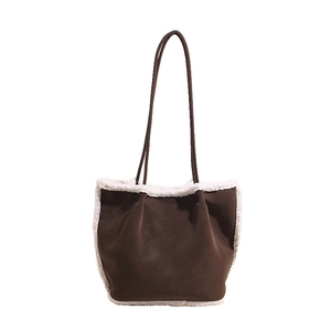 Grand sac cabas rétro en daim avec bordure en peluche blanche pour femme en hiver