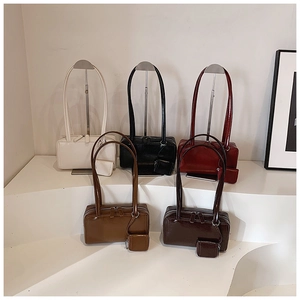 Women Glossy PU Leather Underarm Bag Minimalist Shoulder Straps Commuter Handbag With Mini Pouch Attachment