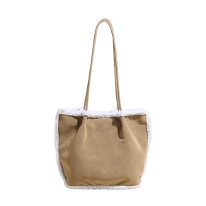 Large khaki suede and faux shearling tote bag with shoulder straps for women