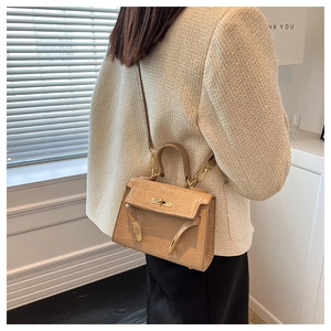 Close-up of beige crocodile pattern texture and metal twist lock on a mini Kelly bag