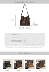 Detailed size specifications and material chart for the minimalist PU leather bucket bag