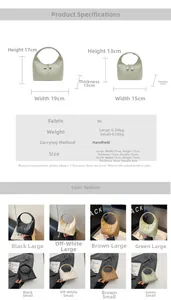 Size guide for PU hobo handbag showing large and small dimensions in four colors