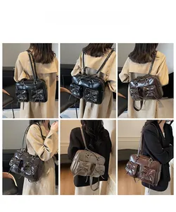 Multiple views showing retro aesthetic backpack in black, brown and grey colors for women
