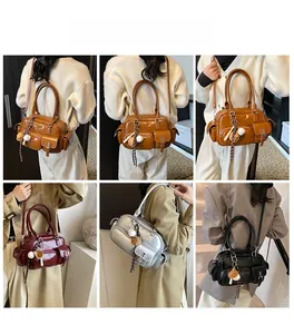 Collage of chic multi-pocket tote bags in four colors styled with various outfits