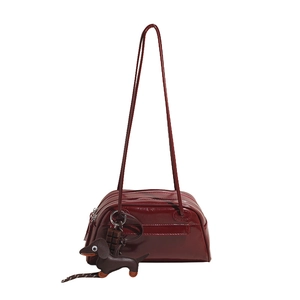 Fashionable dark red glossy PU leather shoulder bag with cute dachshund charm