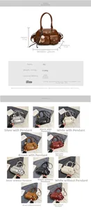 Detailed size chart and multi-color selection for a retro PU leather bowling handbag