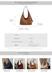 Detailed size specifications for large and small suede bucket bags with dimensions