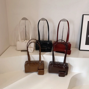 Minimalist glossy leather tote bags in five colors with matching mini hanging pouch