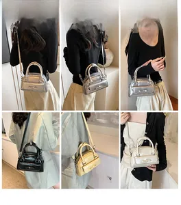 Detail shots of glossy patent leather shell bags with bow accents in multiple colors