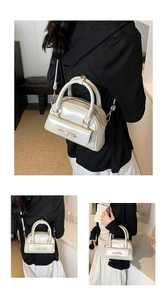 Detail view of pearlescent cream Boston bag with bow pocket and versatile carrying options