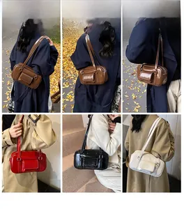 Collage of chic faux leather tote bags in six autumn colors worn in outdoor settings