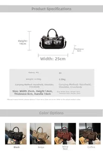 Detailed size specifications and material chart for vintage PU leather satchel bag