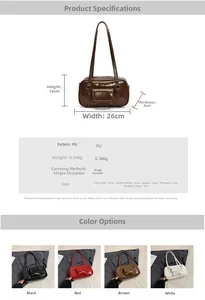 Detailed view of the large capacity PU shoulder bag with size specs and four color options