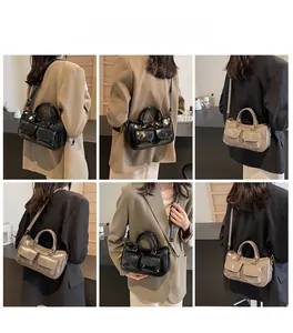 Detail shots showing retro PU small square bags in black and khaki for women