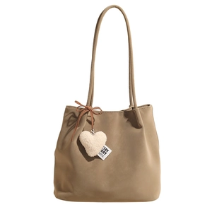 Khaki retro matte tote bag with plush heart charm and minimalist drawstring design