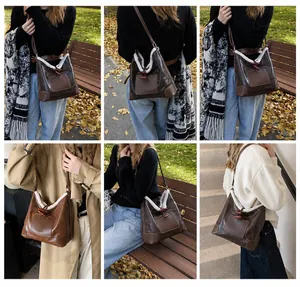 Detail view of retro shoulder bag with horn buckle and plush trim in various colors