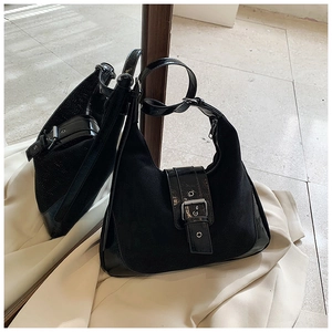 Vintage PU Patchwork Shoulder Bag For Women Large Capacity Hobo Underarm Bag With Metal Buckle Daily Commute Tote
