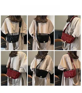 Collage of quilted dumpling bags in black and burgundy with gold turn-lock and strap