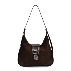 Vintage dark brown frosted leather hobo bag with contrast patent leather and silver hardware