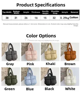 Guide des tailles pour sacs fourre-tout matelassés avec dimensions et divers coloris