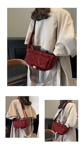 Collage of wine red quilted faux leather saddle bag worn with a beige trench coat