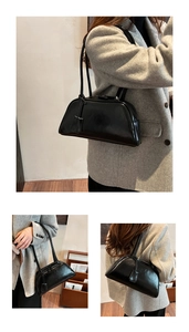 Three-view layout of a vintage black leather Boston bag with round silhouette and straps