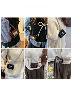 Mini lychee texture chain bag shown on models in dark brown and black colors