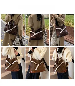 Brown leather tote bag with white plush trim showing multi-way shoulder and backpack styling