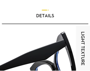 Detail shot of sturdy hinges and blue accents on glossy black TR90 cat eye eyewear frames