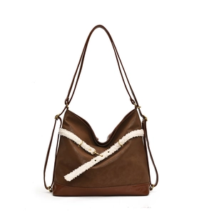 Brown leather tote bag with white fleece trim and gold metal rings for women
