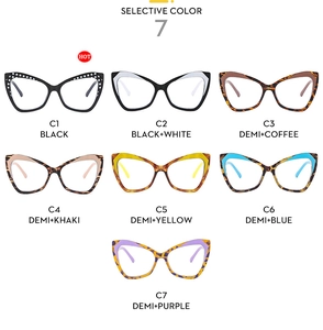 Matrix view of seven colorful TR90 cat-eye eyewear frames in assorted patterns