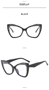 Detailed views of black cat-eye TR90 frames with white polka dots from positive and side angles