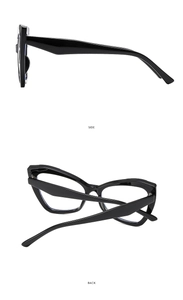 Side and back view of glossy black cat-eye glasses frame with retro design aesthetics