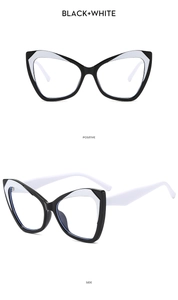 Detail of TR90 cat eye glasses frames in black and white finish with geometric accents