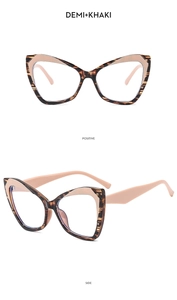 Detail view of TR90 large cat eye glasses frames in demi and khaki color block design