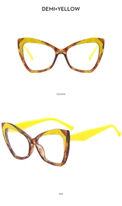 Detailed front and side views of demi and yellow cat eye TR90 glasses frames