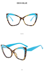 Detailed view of cat-eye TR90 frames in demi and blue showing front and side profiles