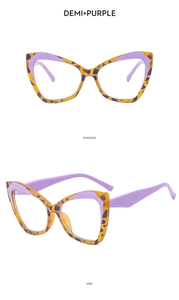Detailed front and side views of TR90 cat-eye eyewear frames in demi and purple