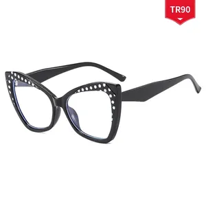 TR90 blue light blocking cat-eye glasses for women with black frame and white polka dots