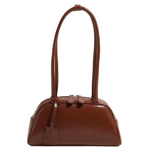 Retro dark brown glossy Boston shoulder bag with dual zipper and long straps