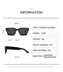 Detailed size chart for square sunglasses showing lens width and frame dimensions