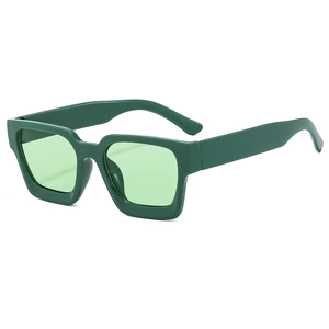 Square dark green sunglasses with light green translucent lenses on a white background
