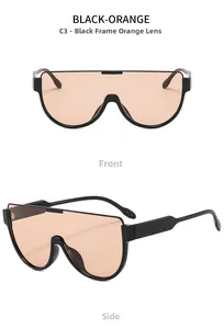 Vue de face et de côté de lunettes de soleil masque avec monture noire et verres oranges
