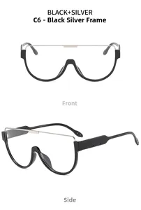 Vues de face et de côté de lunettes de soleil noires avec barre supérieure en métal argenté