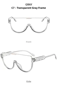 Vue détaillée de face et de profil de lunettes de soleil grises transparentes avec pont en métal