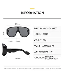 Guide des tailles de lunettes de soleil surdimensionnées avec dimensions détaillées