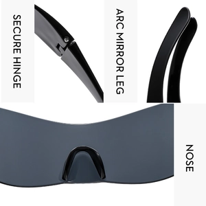 Detail of secure metal hinges, arc mirror legs and integrated nose pads on Y2K sunglasses